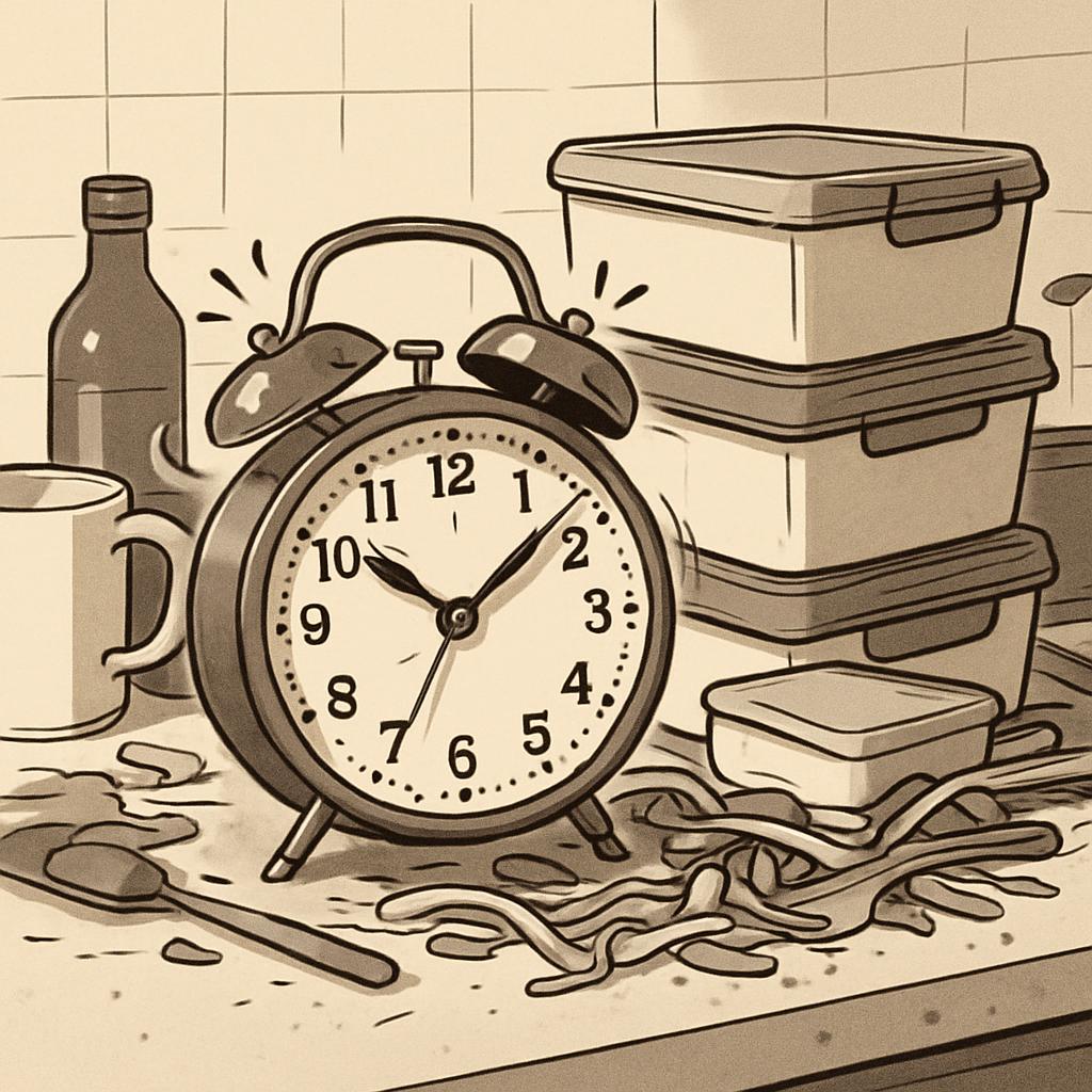 A sepia-toned illustration of an alarm clock on a dirty kitchen counter amidst chaotic kitchenware.
